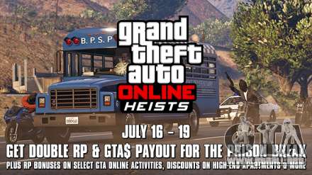 Descripción promociones actuales para doble premio para online Heist «The Prison Break» y lado de las misiones en GTA Online.