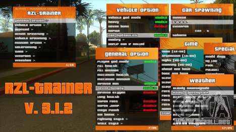 RZL-Trainer v3.1.2 - menú de trucos como GTA 5 para GTA San Andreas