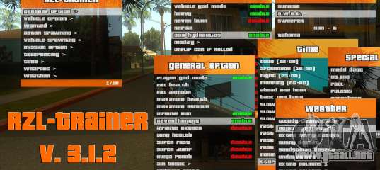 RZL-Trainer v3.1.2 - menú de trucos como GTA 5 para GTA San Andreas